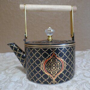 Tea Pot Kettle Vintage Inspired Shape Royal Print Timber Handle Black Gold Red